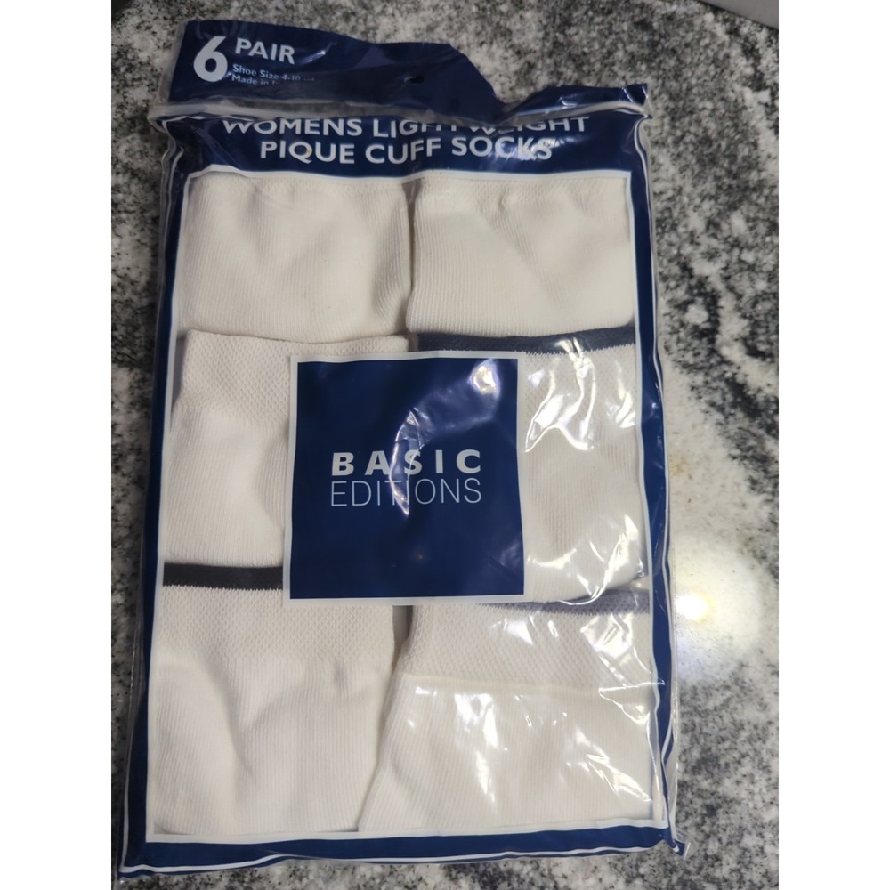 Vintage BASIC EDITIONS 6 Pair Women's Lightweight Pique Cuff Socks NOS
